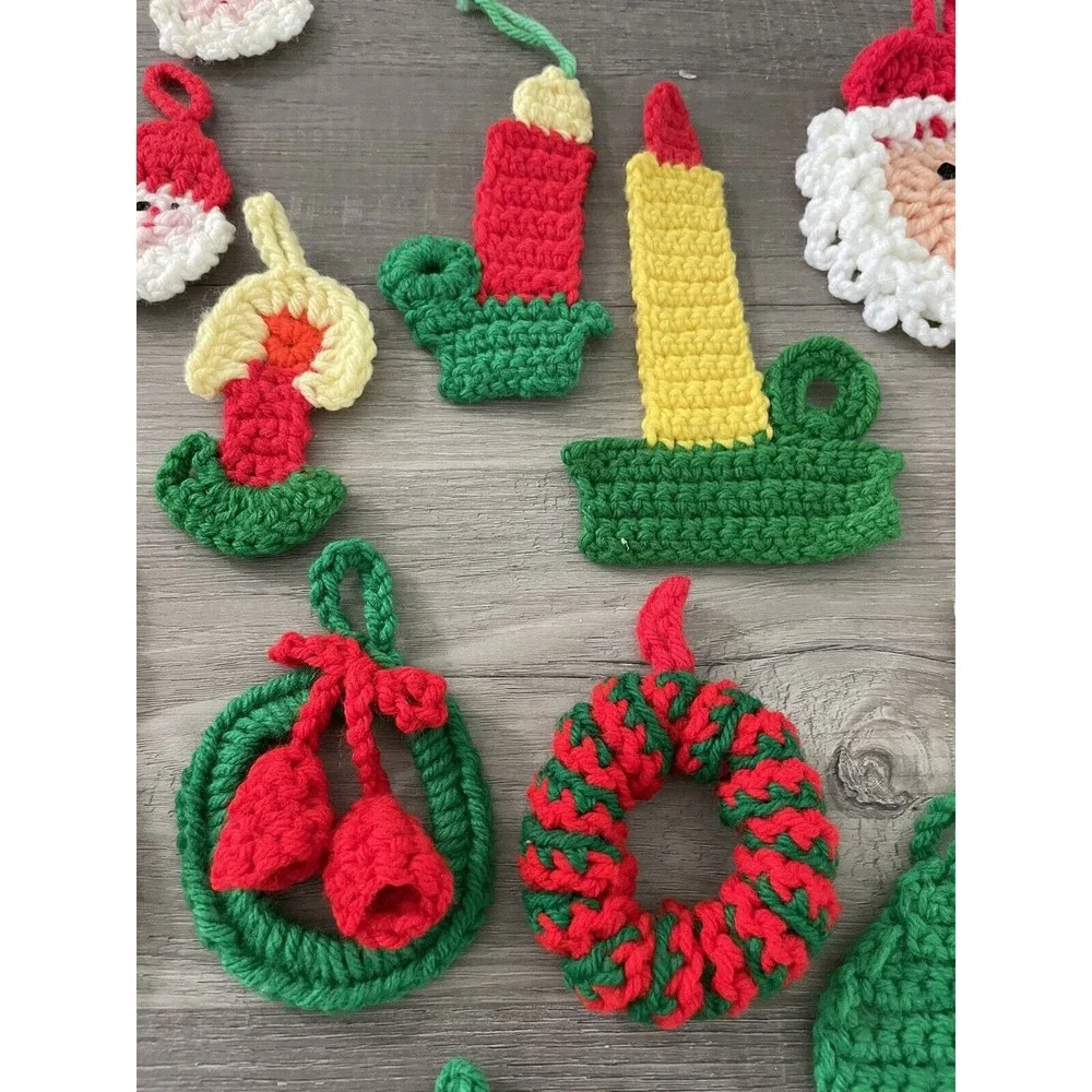 Vintage Lot of 33 Handmade Chrocheted Christmas Ornaments Santas Wreaths Candles